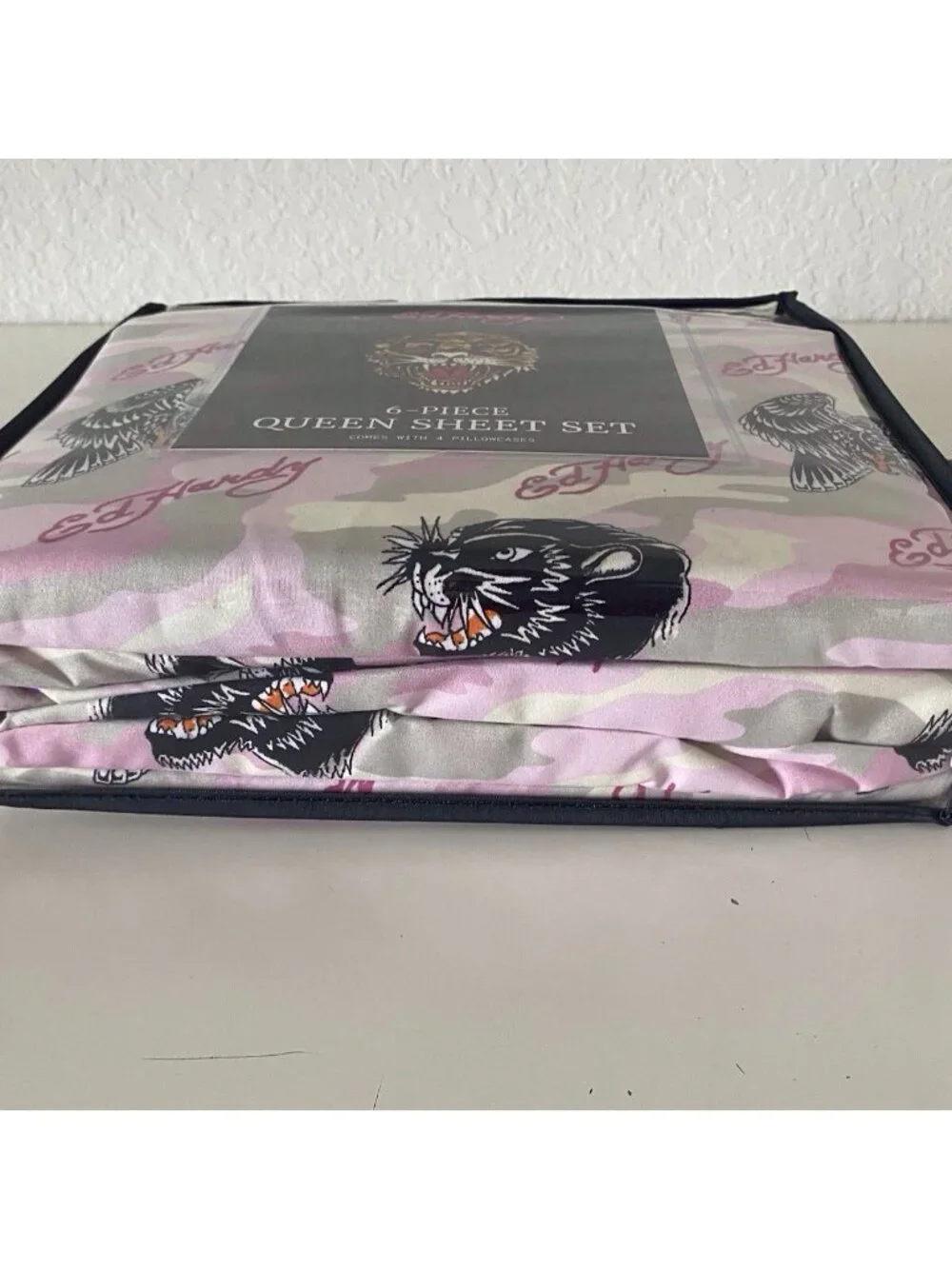 6 Piece Ed Hardy QUEEN Size Sheet Set Pink Grey Camo Eagle Tiger Logo NEW‎